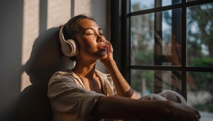 Fototapeta premium Woman listening to music by window, practicing emotional self care