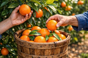 Hands Picking and Fruit Basket Filled with Fresh Oranges on Orange Tree Orchard