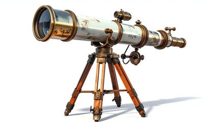 A detailed image of an antique telescope, gold and white, on a wooden tripod, isolated