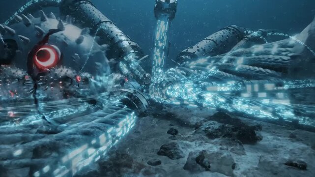 Futuristic Underwater Robotic Creatures Exploring an Alien Landscape