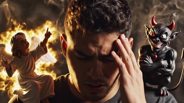 Man Torn Between Angel and Devil Symbolizing Moral Dilemma.