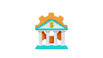 3D Icon of a Bank with a Gear and Dollar Sign