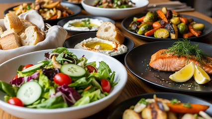 Delicious food spread with salmon, salad, and fresh bread on wooden table