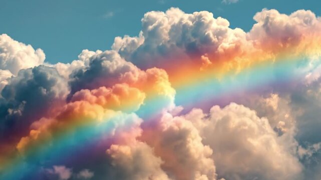 A magnificent and vibrant rainbow gracefully arcs across a beautiful sky, filled with an array of fluffy, dynamic clouds. The celestial spectacle displays a full spectrum of radiant colors, from rich 