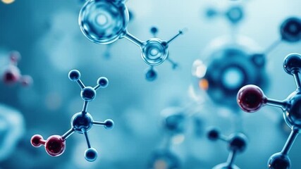 Close-up view of abstract molecular structures and chemical bonds in a scientific blue background. - Powered by Adobe