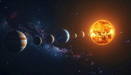 Solar system planets aligned with the sun in deep space astronomy illustration