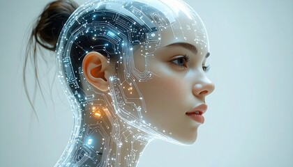 Futuristic artificial intelligence human head with digital neural network