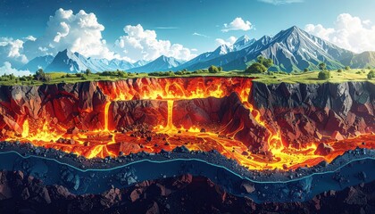 Earth cross section showing magma and tectonic layers for geology science