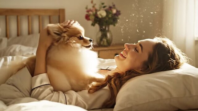 Cute Pomeranian dog lovingly licking happy young woman's face while in bed, pure friendship