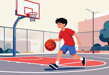 A young boy dribbles a basketball on an outdoor court near a hoop and fence
