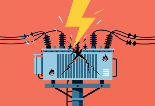 Damaged electrical transformer struck by lightning, sparking and burning
