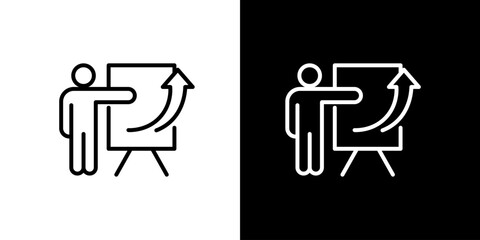 Modern line icon professional presenting growth strategy on flip chart, symbolizing business improvement, progress, and successful development