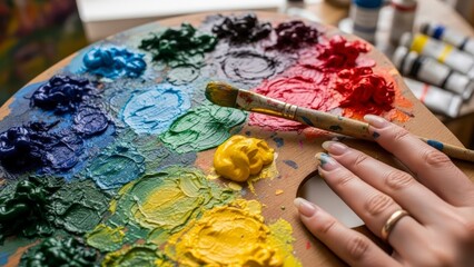 Artists Palette with Vibrant Oil Paints and Brush.