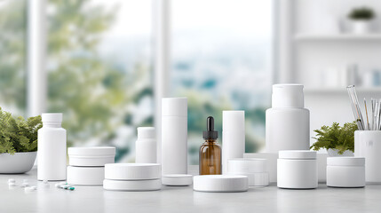 Array of white medical cosmetic jars and brown glass dropper bottle display 
