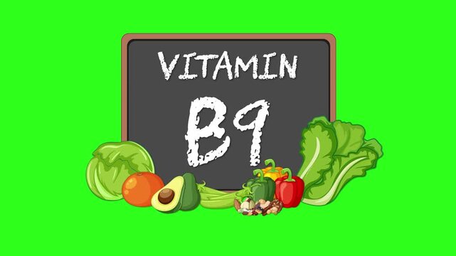 Vitamin B9 Chalkboard Surrounded by Fresh Green Vegetables Animation