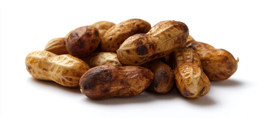 Obraz premium Boiled peanut snack shell pile rustic brown cooked salted savory protein. Boiled peanut shell pile white background shows rustic brown texture, cooked softness, salted savory flavor, comforting