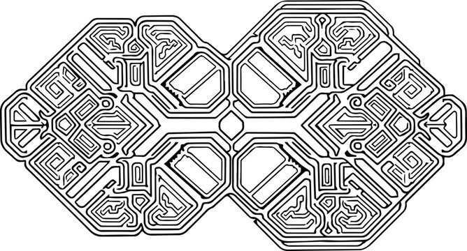 Symmetrical abstract line art pattern resembling an electronic circuit board or geometric mechanical brain