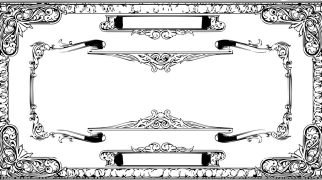 Elegant vintage certificate border with ornate baroque scrolls, gold filigree decorative frame for luxury documents