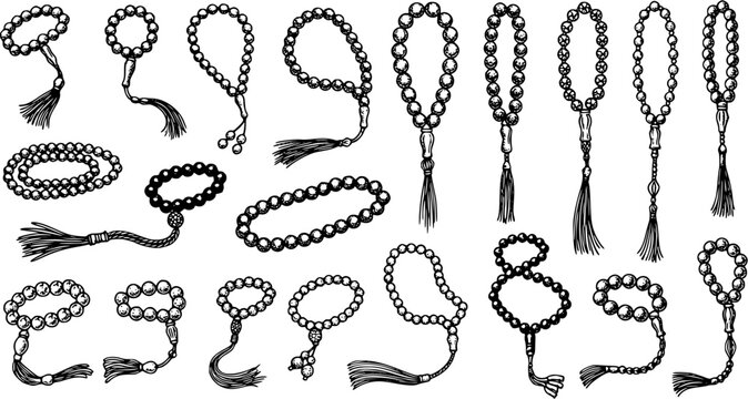 Hand Drawn Black  White Line Art Prayer Beads Collection. Sketch Set of Tasbih, Rosary, Mala, and Worry Beads for Religious, Spiritual, and Meditation Practices  Isolated Vector Illustration.