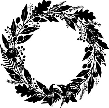 Detailed black floral wreath silhouette with roses, lilies, and oak leaves, elegant circular botanical frame for luxury invitations and wedding decor
