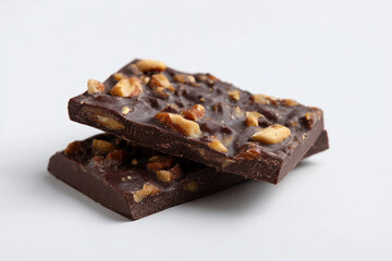 Dark chocolate nut bark candy dessert gourmet sweet snack cocoa brittle. Dark chocolate nut bark white background, crunchy texture with roasted nut piece, rich cocoa aroma and indulgent mood
