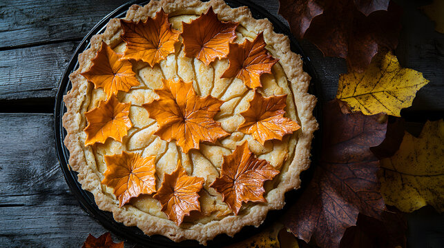 A delicious apple pie with a crumbly crust and autumn leaves on a wooden table