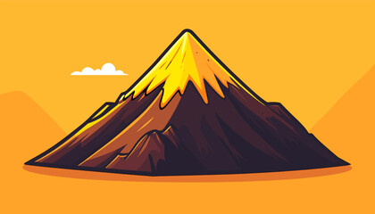 A stylized cartoon mountain with a snow-covered peak against a warm, orange-yellow sky and rolling hills.