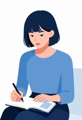 A young person in blue top writing in a notebook