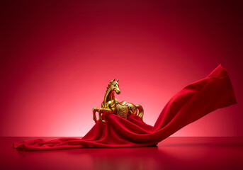 Golden horse statue adorned with flowing red fabric, symbolizing triumph and grandeur on a vibrant crimson Lunar New Year background