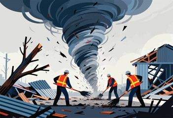 Obraz premium Three workers clean up after a massive tornado destroys a town