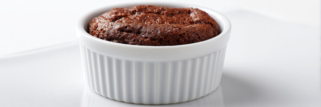 Chocolate dessert ramekin baked white background closeup gourmet moist rich cocoa brownie