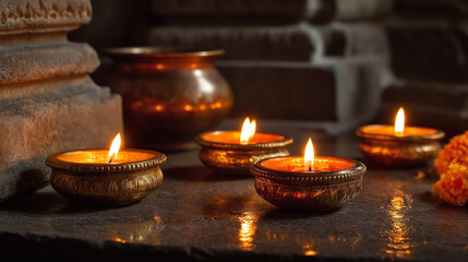Traditional Brass Diyas Lit for Temple Worship