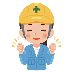 作業服を着てヘルメットを被った笑顔の女性　上半身イラスト／Smiling woman wearing work clothes and a safety helmet, upper body illustration
