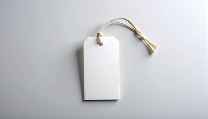Blank White Price Tag Mockup with String on Gray Background