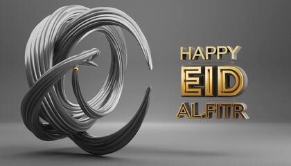 Modern 3D Eid al-Fitr greeting with golden typography and abstract metallic swirl