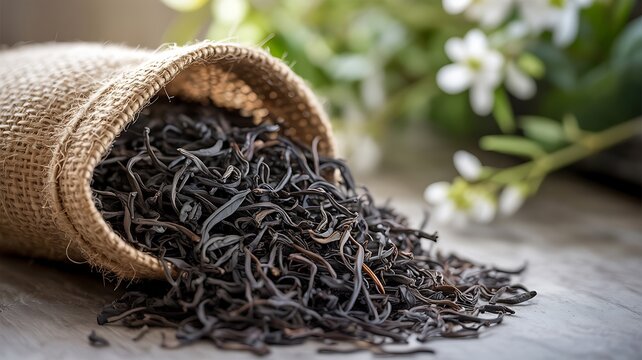 Loose leaf black tea spilling from a burlap sack