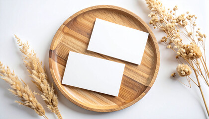 Blank Business Card Mockup on Wooden Plate Flat Lay
