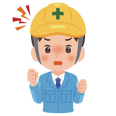 作業服を着てヘルメットを被った怒る男性　上半身イラスト／Angry man wearing work clothes and a safety helmet, upper body illustration