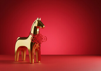 Golden Horse Statue with Chinese Knot Decoration on Red Background