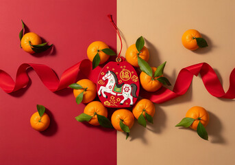 Festive Display of Ripe Tangerines, Red Ribbon, and Horse Ornament Symbolizing Fortune and Good Wishes