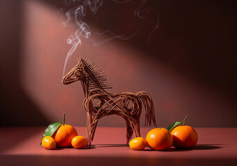 Rustic woven horse figurine with vibrant citrus fruits and ethereal smoke, set against a dramatic backdrop