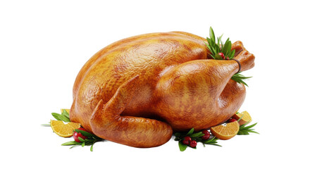 Large roasted turkey with orange slices and green leaves on top. isolated illustration transparent background
