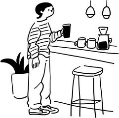 Coffee Shop Woman Line Art Vector
