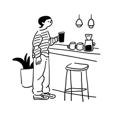 Coffee Shop Woman Line Art Vector