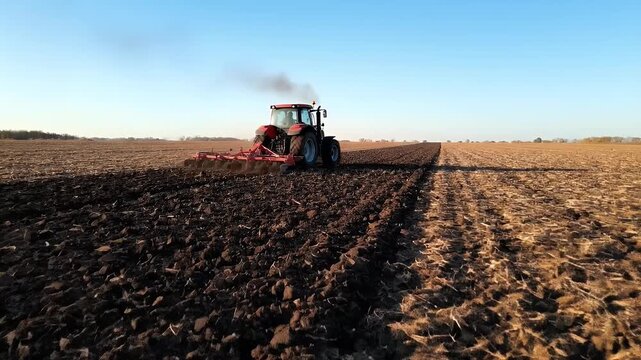 Agricultural Tractor Tilling an Open Farm Field Turning Over Soil under Clear Blue Sky