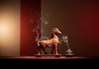 Elegant Wooden Horse Sculpture with Aromatic Incense Smoke Creating a Serene and Mystical Atmosphere
