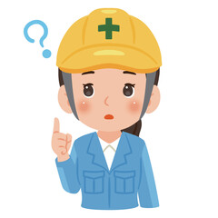 疑問を持つ作業服を着てヘルメットを被った女性　上半身イラスト／Woman wearing work clothes and a safety helmet with a questioning expression, upper body illustration