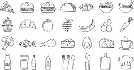 Food and Drink Black and White Line Art Icons Set. Hand-drawn Culinary Doodle Collection of Various Meal Ingredients, Bakery Items, Fresh Produce, Beverages, and Kitchen Utensils Outline Sketch. © naila