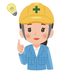 閃く作業服を着てヘルメットを被った女性　上半身イラスト／Woman wearing work clothes and a safety helmet having an idea, upper body illustration