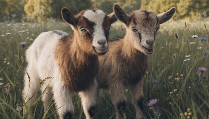 Obraz premium Two adorable baby goats standing together in a blooming wildflower meadow during golden hour